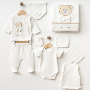 Bow Tie Teddy Bear Themed Hospital Outfit 10-Piece Set Newborn Baby Boy Ecru (0-6 Months) - S001.2105