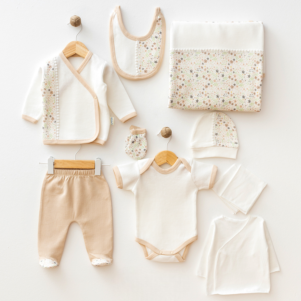 Flower Themed Waffle Hospital Outfit 10-Piece Set Newborn Baby Beige (0-6 Months) - S001.2106.12