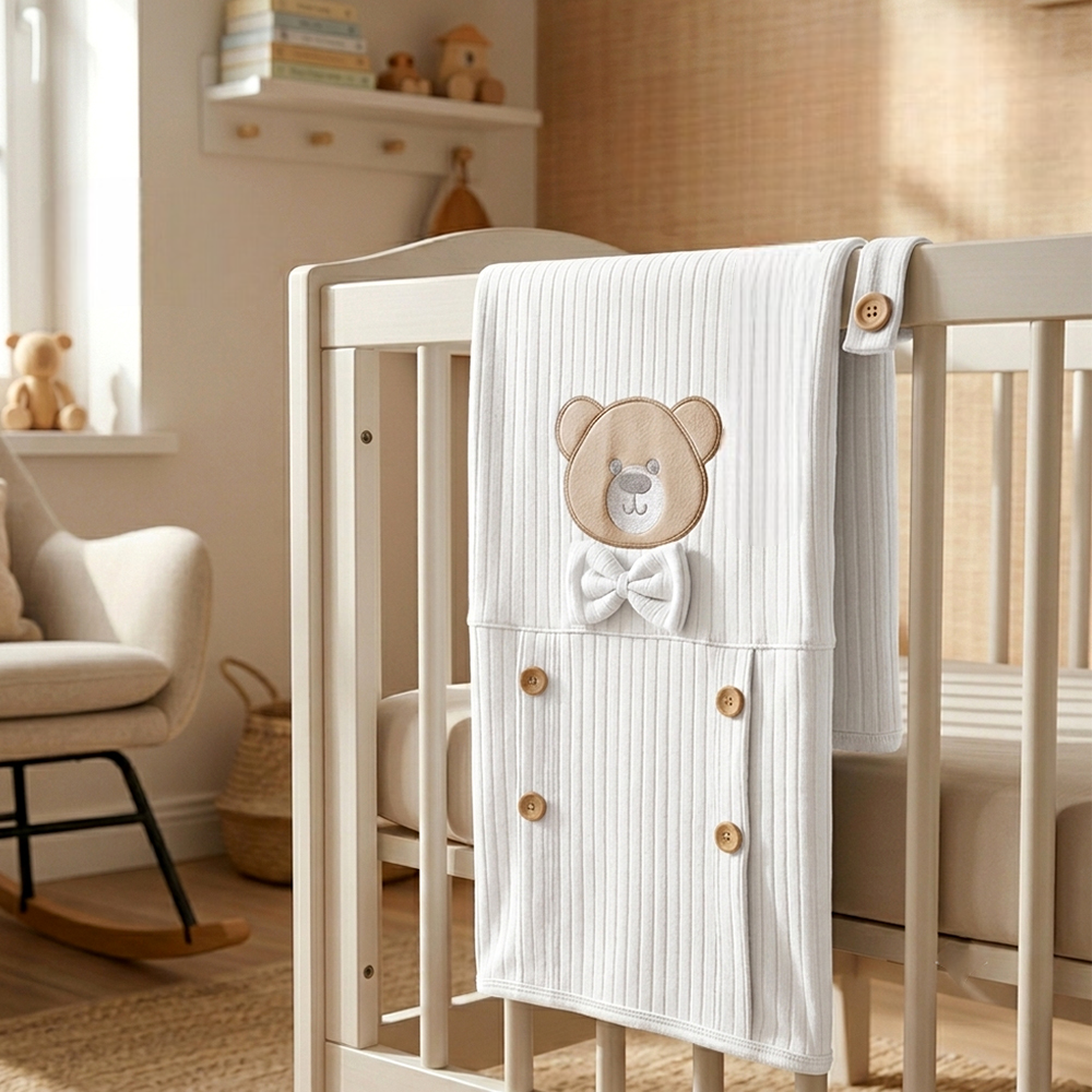 Teddy Bear Tuxedo Ribbed Cotton Baby Blanket Ecru - SP001.10017.10