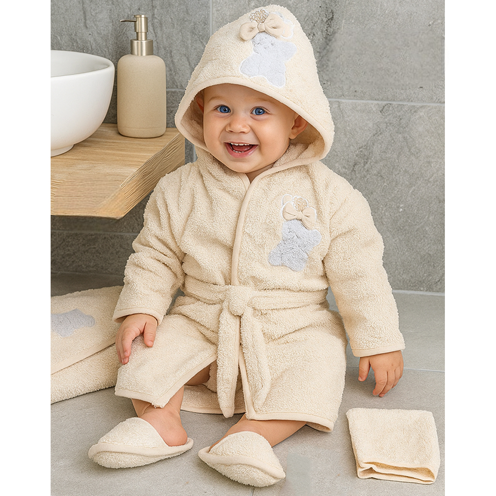 Ribbon Bear Themed Baby Bathrobe Set Beige (0-24 Months) - SP001.155.12