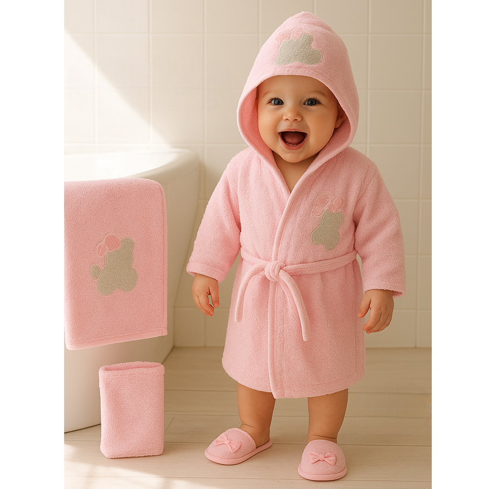 Ribbon Bear Themed Baby Bathrobe Set Pink (0-24 Months) - SP001.155.2