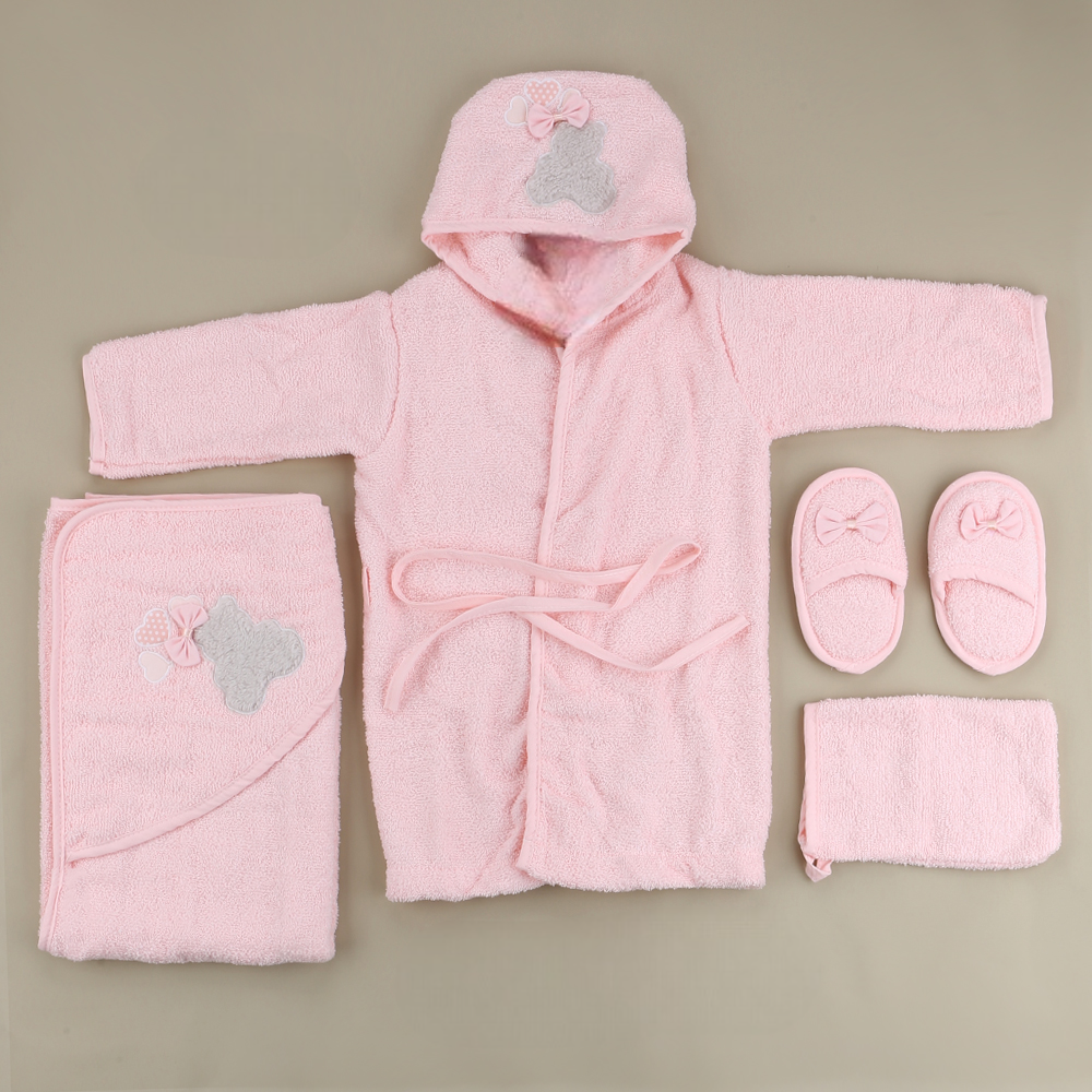 Ribbon Bear Themed Baby Bathrobe Set Salmon (0-24 Months) - SP001.155.8