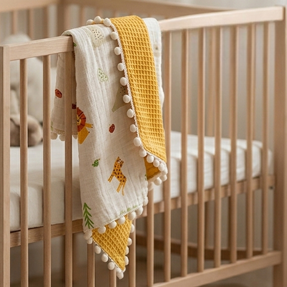 Pom Pom Themed Soft Double-Sided Muslin Baby Blanket Mustard - SP001.9212