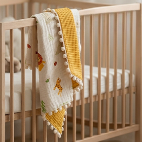Pom Pom Themed Soft Double-Sided Muslin Baby Blanket Mustard - SP001.9212