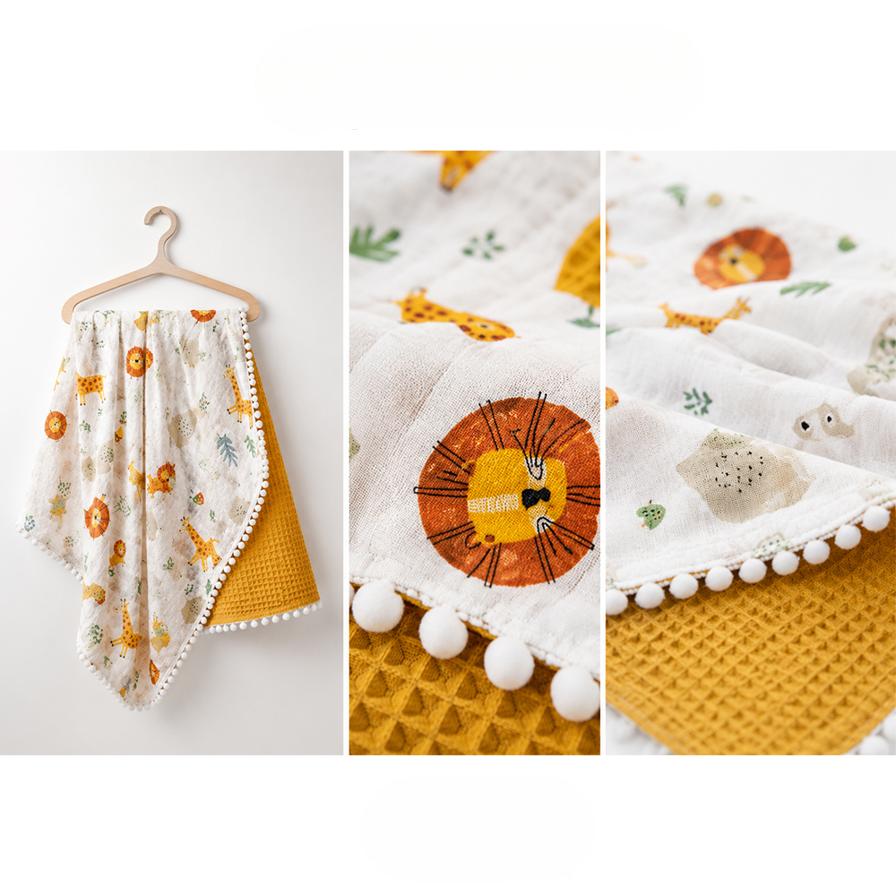 Pom Pom Themed Soft Double-Sided Muslin Baby Blanket Mustard - SP001.9212