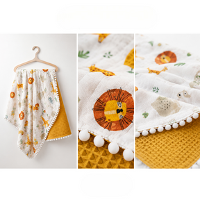 Pom Pom Themed Soft Double-Sided Muslin Baby Blanket Mustard - SP001.9212