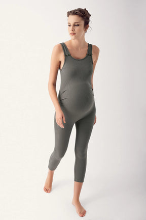 Strappy Ribbed Maternity-Nursing Jumpsuit Khaki - TT8001