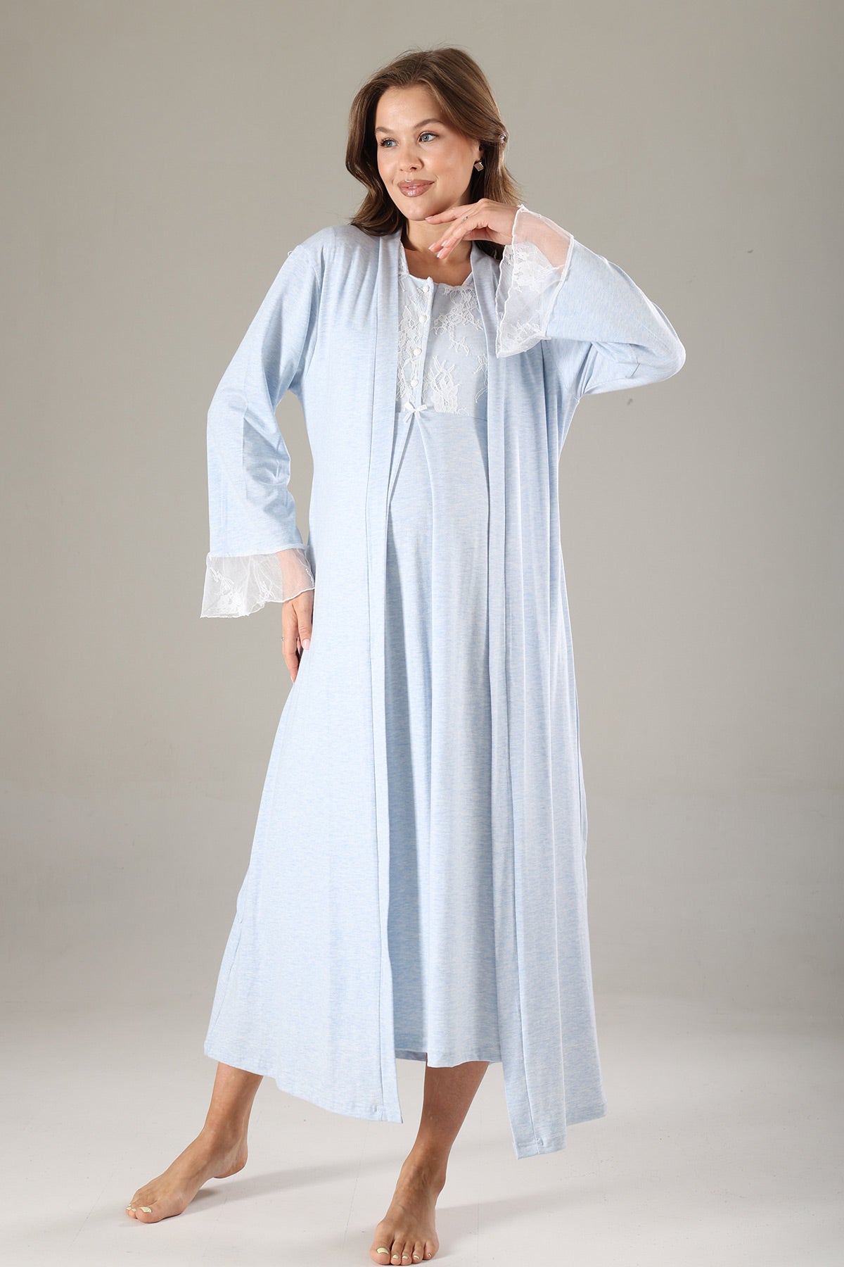 Lace Collar Maternity-Nursing Nightgown & Lace Sleeve Robe Set Blue - 806