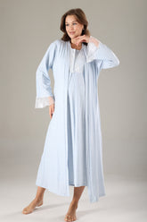 Lace Collar Maternity-Nursing Nightgown & Lace Sleeve Robe Set Blue - 806