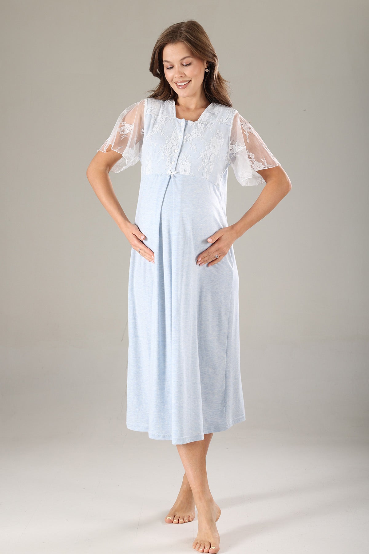 Lace Collar Maternity-Nursing Nightgown & Lace Sleeve Robe Set Blue - 806