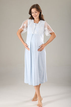 Lace Collar Maternity-Nursing Nightgown & Lace Sleeve Robe Set Blue - 806