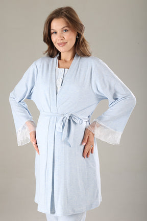 Lace Collar 3-Piece Maternity-Nursing Pajama & Lace Sleeve Robe Set Blue - 807