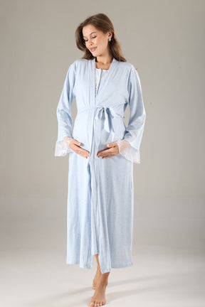 Lace Collar Maternity-Nursing Nightgown & Lace Sleeve Robe Set Blue - 806