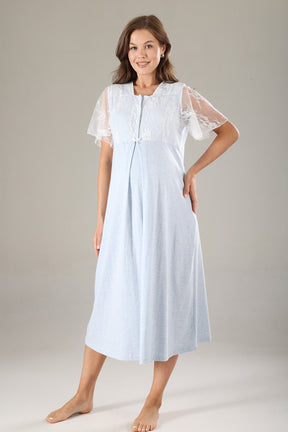 Lace Collar Maternity-Nursing Nightgown & Lace Sleeve Robe Set Blue - 806