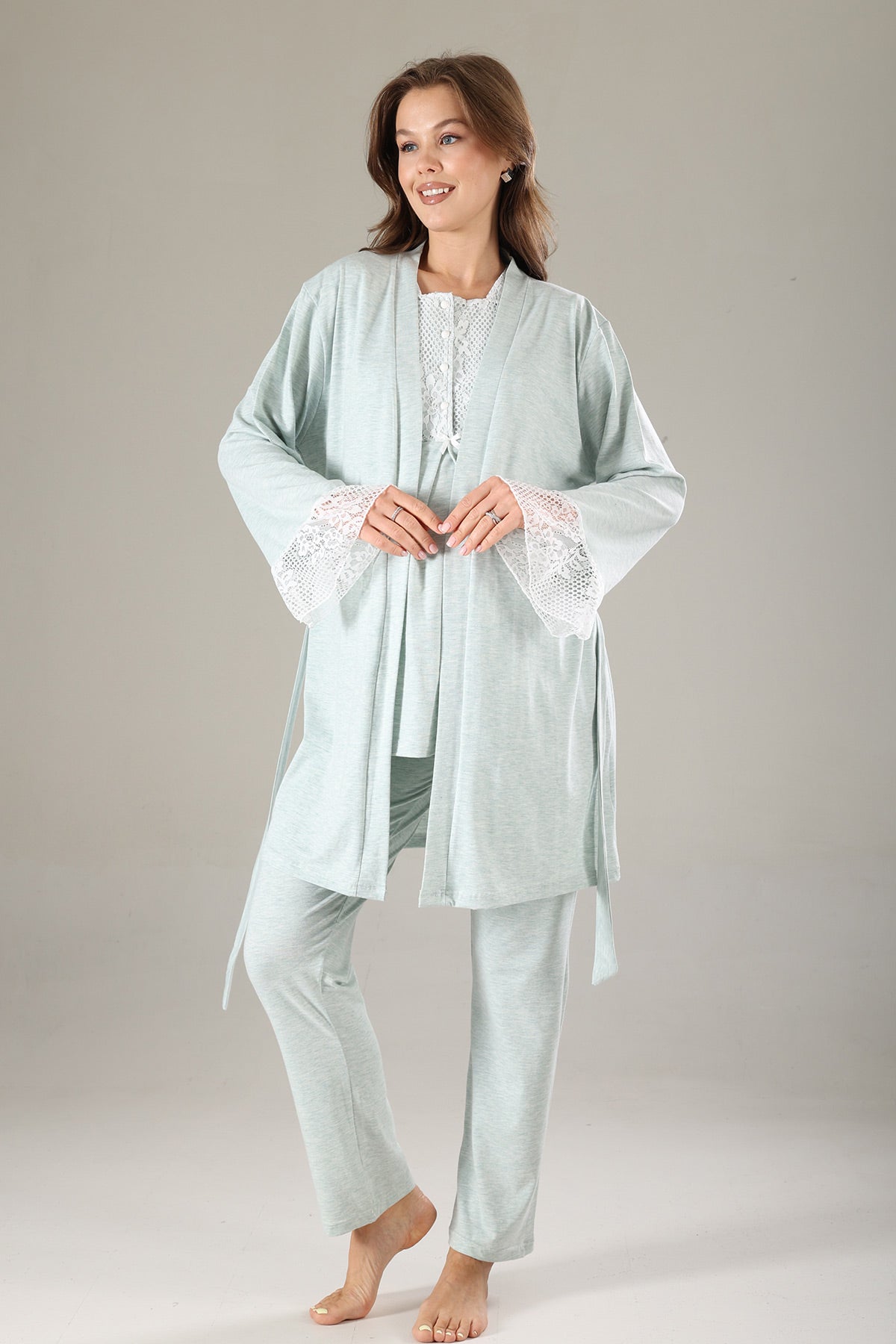 Lace Collar 3-Piece Maternity-Nursing Pajama & Lace Sleeve Robe Set Green - 804