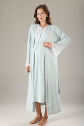 Lace Collar Maternity-Nursing Nightgown & Lace Sleeve Robe Set Green - 805