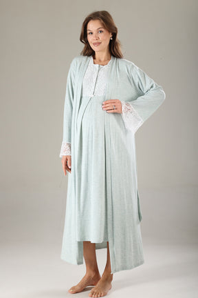 Lace Collar Maternity-Nursing Nightgown & Lace Sleeve Robe Set Green - 805
