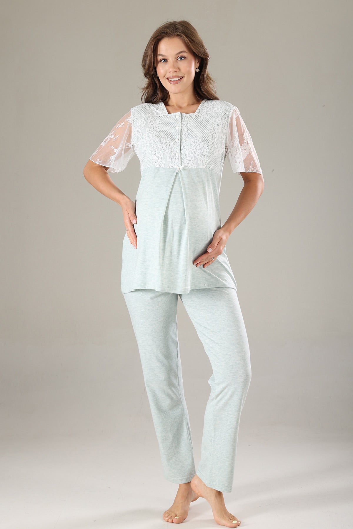 Lace Collar 3-Piece Maternity-Nursing Pajama & Lace Sleeve Robe Set Green - 804