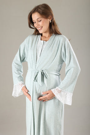 Lace Collar Maternity-Nursing Nightgown & Lace Sleeve Robe Set Green - 805