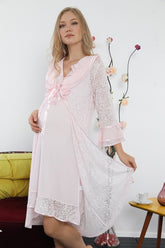 Lace Detailed Maternity-Nursing Nightgown & Robe Set Powder - 2442