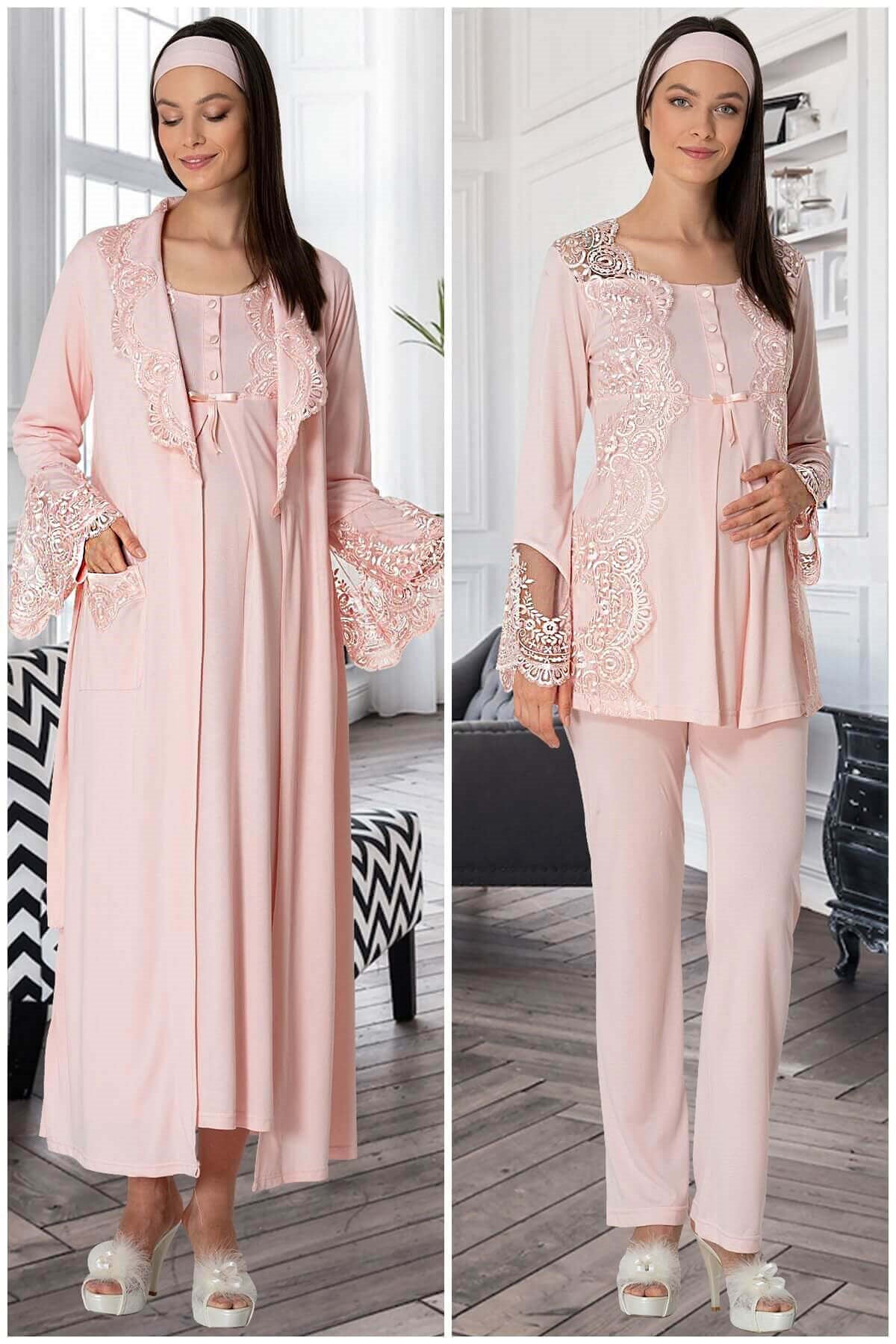 Lace Collar 4 Piece Maternity-Nursing Set Powder - 5355