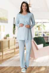 Elegant Lace Maternity & Nursing Pajama Set Blue - 5414