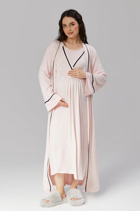 Striped Double Breasted Maternity-Nursing Nightgown & Robe Set Pink - 504