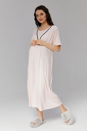 Striped Double Breasted Maternity-Nursing Nightgown & Robe Set Pink - 504