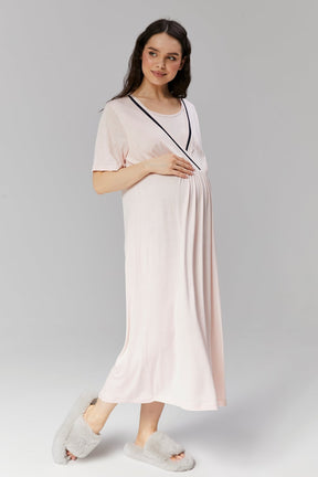 Striped Double Breasted Maternity-Nursing Nightgown & Robe Set Pink - 504