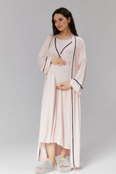 Striped Double Breasted Maternity-Nursing Nightgown & Robe Set Pink - 504
