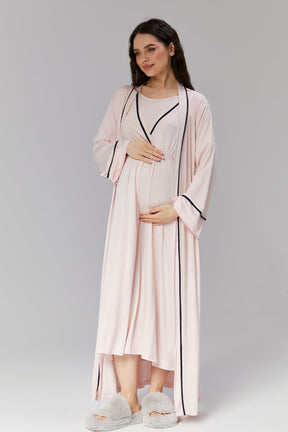 Striped Double Breasted Maternity-Nursing Nightgown & Robe Set Pink - 504