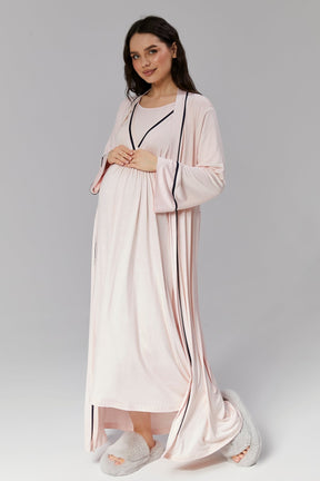 Striped Double Breasted Maternity-Nursing Nightgown & Robe Set Pink - 504